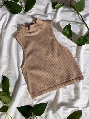 ZARA Sleeveless Ribbed Mock Neck Cropped Tank Top Neutral Beige | XS-S